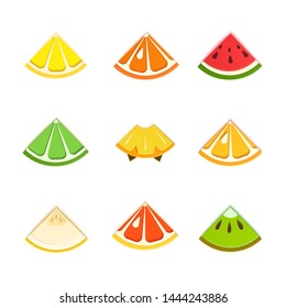 Set of tropical triangular lobule fruits in paper cut style. Slice triangle citrus orange, tangerine, pineapple, lime, lemon, grapefruit, melon, watermelon, kiwi with leaf in origami art. Vector card.