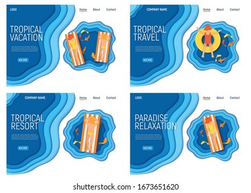 Set of tropical vacation, character male, female, kid on water mattress, oceanic fish, concept cutting paper vector illustration. Contact, home, about bottom. Design flat web banner, poster, website.