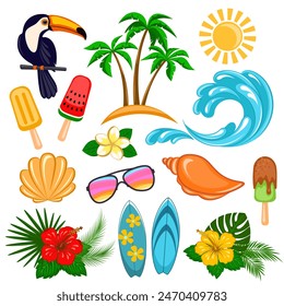 Conjunto de Elementos de Vector decorativos de vacaciones tropicales, aislados sobre fondo blanco, iconos de vacaciones de verano, ilustraciones, arte de Clip.