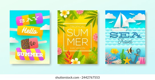 Conjunto de vacaciones tropicales y diseño de vacaciones de verano para carteles o tarjetas de felicitación. Ilustración vectorial.