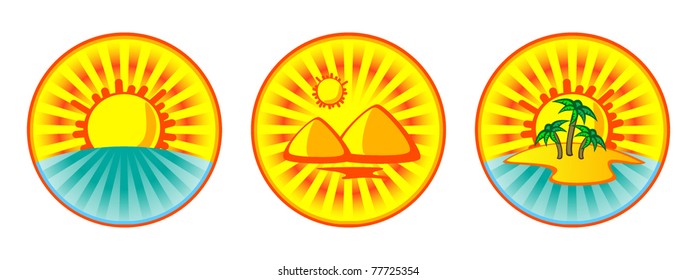 A set of tropical vector buttons. Sea, sun, palm trees, pyramid. Egypt.