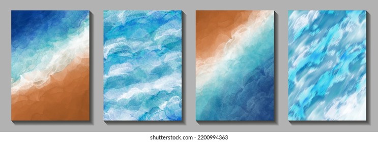 Set of tropical vector travel watercolor illustrations with sea beach for cover design, cards, flyer, poster, banner and invitation card. Hand drawn summer watercolour background. Holiday. Waves.
