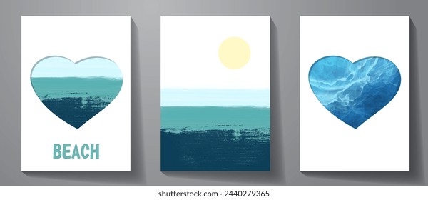 Set of tropical vector travel watercolor illustrations with sea for cover design, cards, flyer, poster, banner and invitation card. Hand drawn summer watercolor background. Holiday. Beach.