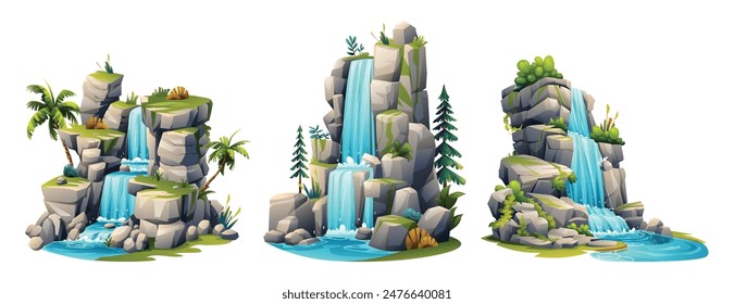 Set of tropical waterfall cascade illustration. Vector cartoon isolated on white background