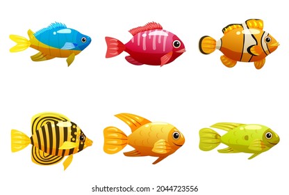 Set Tropical yellow fish, coral reef exotic pet animal. Collection Aquarium sea life, vector illustartion cartoon style