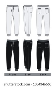 Set trousers pants mens, front, back and side. black white, vector image