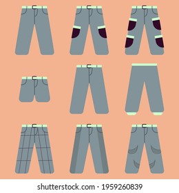 Set of Trousers Vector Design, Trousers with Pockets, Plain Trousers, Trouser of Four Pockets, Shorts, Training Trouser, Aesthetic Trousers, Vintage Trouser, Ripped Jeans
