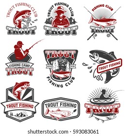 Set of trout fishing emblems isolated on white background. Design elements for logo, label, poster, t-shirt. Vector illustration.