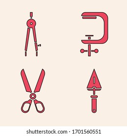 Coloque el icono de traviesa, brújula de dibujo, herramienta de abrazadera y tornillo y tijeras. Vector