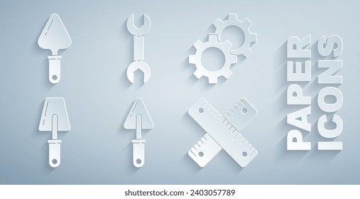 Set Trowel, Gear, Crossed ruler, Wrench spanner and  icon. Vector