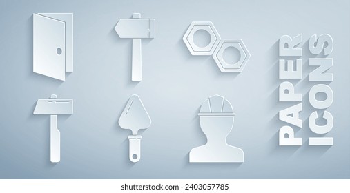 Set Trowel, Hexagonal metal nut, Hammer, Worker safety helmet,  and Closed door icon. Vector