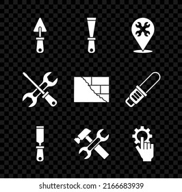 Set Trowel, Putty knife, Location with wrench, Rasp metal file, Hammer and, Settings in the hand, Screwdriver and Bricks icon. Vector