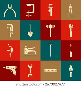 Set Trowel, Screwdriver, Adjustable wrench, Calliper or caliper and scale, Shovel, Clamp tool, Pliers and Sledgehammer icon. Vector