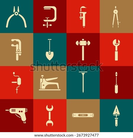 Set Trowel, Screwdriver, Adjustable wrench, Calliper or caliper and scale, Shovel, Clamp tool, Pliers and Sledgehammer icon. Vector