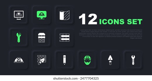 Set Trowel, Wrench spanner, Chimney, Builder, Adjustable wrench, Brick wall with trowel, Worker safety helmet and Pencil eraser icon. Vector