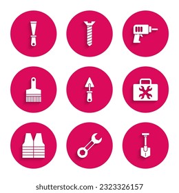 Set Trowel, Wrench spanner, Shovel, Toolbox, Safety vest, Paint brush, Electric drill machine and Putty knife icon. Vector