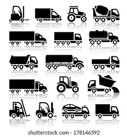 Set of truck black icons. Vector illustrations, silhouettes isolated on white background