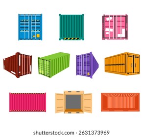 A set of truck container box illustrations, featuring various angles and designs, for logistics visuals, transportation infographics, shipping company branding, and industrial themed projects.