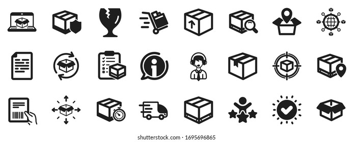 Set of Truck Delivery, Box and Checklist icons. Logistics, Shipping document icons. Parcel tracking shipping, World trade logistics. Location pin, Goods parcel insurance and document. Vector