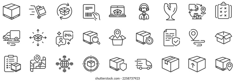 Set of Truck Delivery, Box and Checklist icons. Logistics, Shipping document line icons. Parcel tracking shipping, World trade logistics. Location pin, Goods parcel insurance and document. Vector