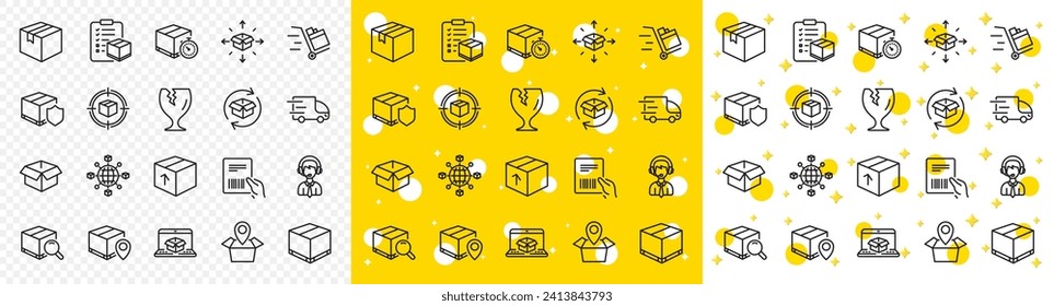 Set of Truck Delivery, Box and Checklist icons. Logistics, Shipping document line icons. Parcel tracking shipping, World trade logistics. Location pin, Goods parcel insurance and document. Vector