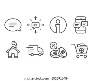 Set of Truck delivery, Phone messages and Currency exchange icons. Sms, Chat and Add products signs. Express service, Mobile chat, Euro and usd. Conversation, Speech bubble, Shopping cart. Vector