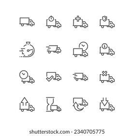 Set of truck delivery related icons, supply, door to door delivery, contactless delivery, express shipping and linear variety vectors.