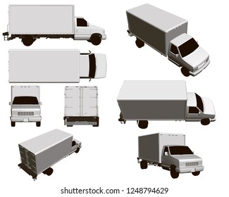 Set with a truck in different positions, top, side, back, front, isometric. 3D Template for your shipping company. Vector illustration.