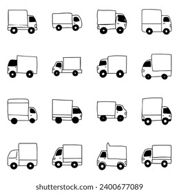 Set of truck icon. Hand drawn doodle vector design.