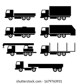 Set of truck icon. Side view. Black silhouette. Vector graphic illustration. Isolated object on a white background. Isolate.