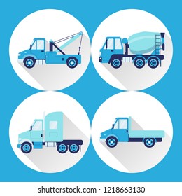 Set of truck icons in flat style with long shadow