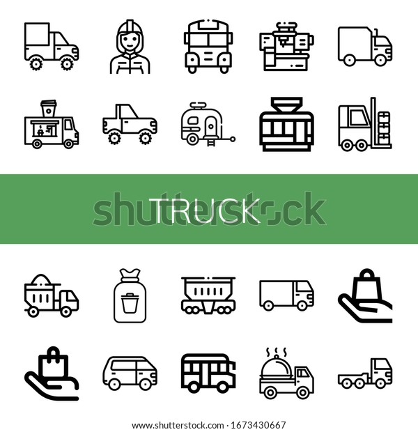 Set of truck icons. Such as\
Cargo truck, Food truck, Firefighter, Jeep, School bus, Caravan,\
Machinery, Tramway, Forklift, Dumper, Handle with care, Rubbish ,\
icons