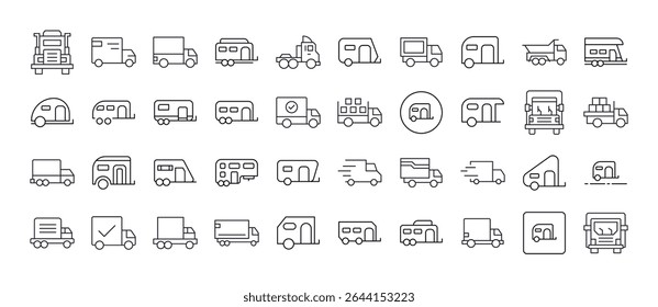 Conjunto de Truck e Motor Home Ícones de Linha Relacionados. Outline Signs para Gráficos e Web Design, Apps, Anúncios, Vários Cartões 