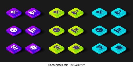 Set Truck with radiation materials, Electrical outlet, Radioactive, waste in barrel, Nuclear reactor worker and Radiation electrical plug icon. Vector