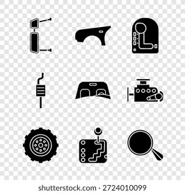 Espejo lateral del camión, guardabarros del coche, cambio de marchas, rueda, silenciador e icono del parabrisas. Vector