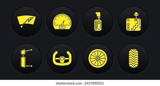 Set Truck side mirror, Gear shifter, Sport steering wheel, Car, Speedometer, tire and Windscreen wiper icon. Vector