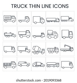 A set of truck thin line icons stock illustration. The icons include many types of trucks, like  Delivery,  semi-trailer truck, Tank, Pickup, flatbed, mail, Box, construction, dump truck tipper, fuel
