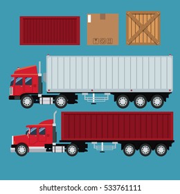 set truck trailer container delivery transport cardboard box