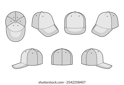 Set of Trucker Baseball Cap Hat with mesh. Summer Head Fashion accessory clothing technical illustration. Vector headgear for Men, women, unisex style, flat template CAD mockup sketch outline isolated