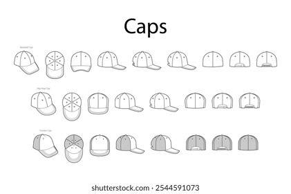 Set of Trucker Baseball Caps - Dad Hip-Hop Deerstalker Outdoor Skate Fitted Five Panel Hat. Head Fashion accessory clothing technical illustration. Vector for Men, women, unisex style, flat template