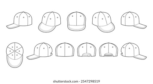 Set of Trucker Hip-Hop Cap Hat. Summer Head Fashion accessory clothing technical illustration. Vector headgear for Men, women, unisex style, flat template CAD mockup sketch outline isolated