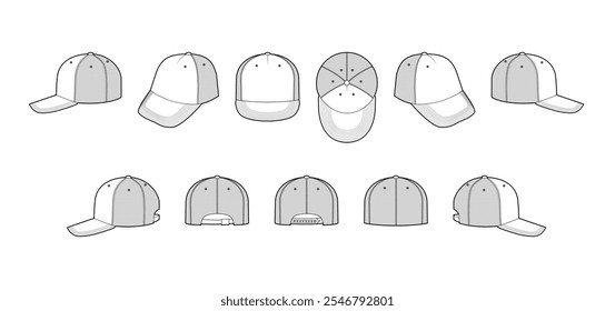 Set of Trucker Net Cap Hat with mesh. Summer Head Fashion accessory clothing technical illustration. Vector headgear for Men, women, unisex style, flat template CAD mockup sketch outline isolated