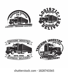Set of trucking company vintage logo designs, emblems of truck rental organisation, delivery firm print stamps, Heavy truck typography emblems, Vector