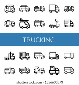 Set of trucking icons. Such as Van, Tank truck, Cargo truck, Truck, Oil Lorry, Tow, Delivery , trucking icons