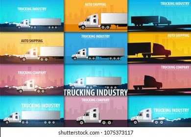 Set of Trucking Industry banners, Logistic and delivery. Semi truck. Vector Illustration