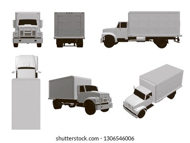 Set with trucks. 6 white truck models from different angles. 3D Vector illustration.