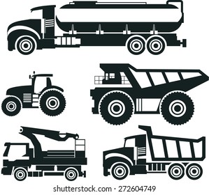 Set of trucks black icons on white background