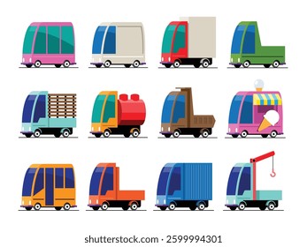 Set of Trucks, Buses, and Delivery Vehicles