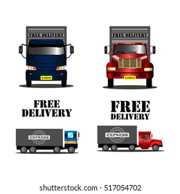 Set of trucks with free delivery text and tags, Vector illustration