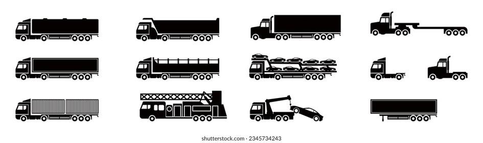 Conjunto de camiones - símbolo de silueta de vehículos pesados aislado en ilustración de vector de fondo blanco